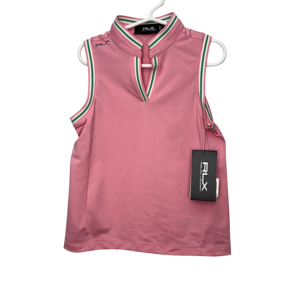 RLX Ralph Lauren Girls Pink Sleeveless Golf Polo Shirt Size 6 Striped Trim